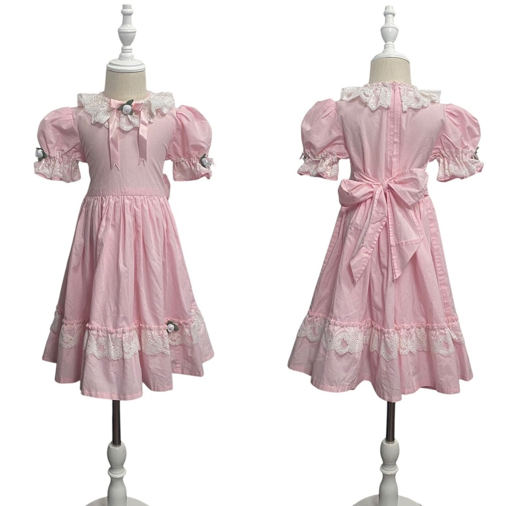 Vintage Handmade‎ Girls ALINE Dress Amish Prairie Pink Lace Balloon Short Sleeve